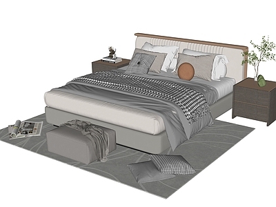 现代双人床 床头柜 床尾凳 地毯 床品 抱枕 装饰摆件 饰品摆件