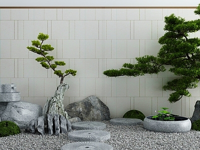 新中式假山水景 池 景墙 荷花 造景树 水琴