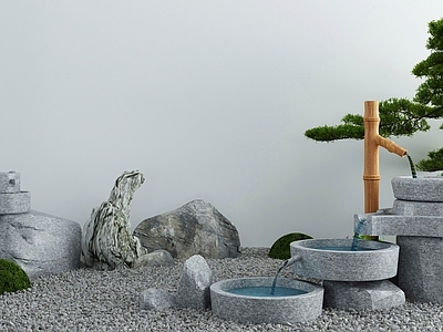 新中式假山水景 池 景墙 荷花 造景树 水琴