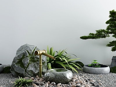 新中式假山水景 池 景墙 荷花 造景树 水琴