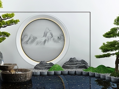 新中式假山水景 池 景墙 造景树 水琴