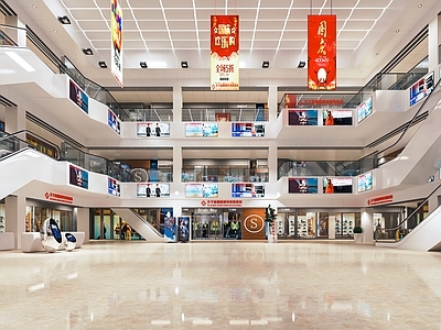 现代商场中庭 商场大厅 购物中心 自动扶梯 观光电梯 中庭摆景