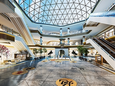 新中式商场中庭 商场大厅 购物中心 自动扶梯 观光电梯 中庭摆景