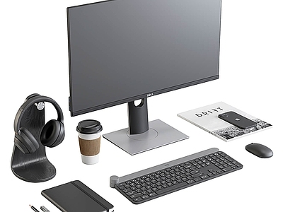 现代电脑组合 耳机手机 办公用品 书房摆件