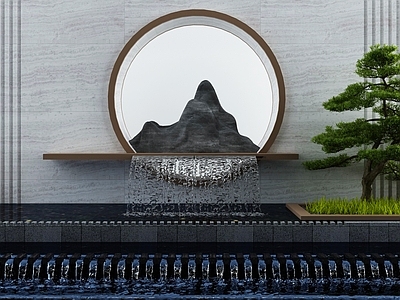 新中式假山水景 池 景墙 造景树