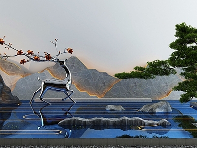 新中式假山水景 池 景墙 造景树