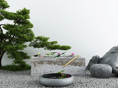 新中式假山小品 池 景墙 荷花 造景树