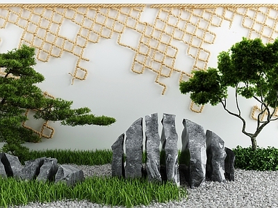 新中式假山小品 景墙 造景树