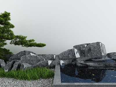 新中式假山水景 池 景墙 造景树
