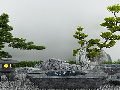 新中式假山水景 池 景墙 造景树