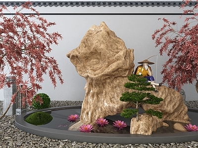 新中式假山水景 池 景墙 荷花 造景树