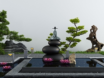 新中式假山水景 池 石头雕塑 荷花 造景树