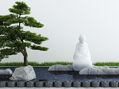 新中式假山水景 石头雕塑 造景树