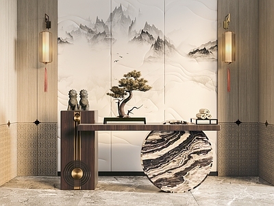 新中式端景台 壁灯 盆景 摆件