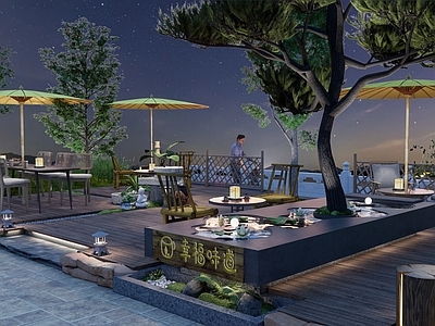 现代咖啡店外摆 户外小景 水池