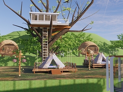 现代山地帐篷露营 生态木屋 瞭望塔 观景台 林下烧烤 旅游度假 星空营地