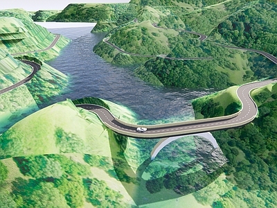 现代盘山公路 等高线山体模型 道路建模 山体自然水库 桥梁建设 道路景观规划