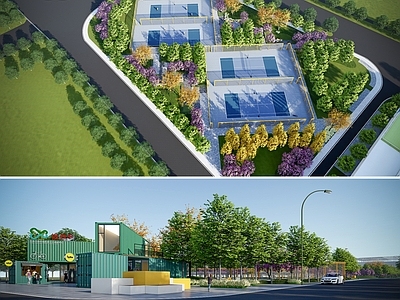 现代公园景观 网球场 健身运动场地 景观座椅 跌级种植池