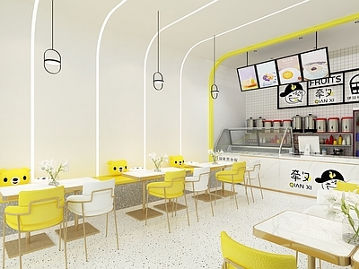 现代奶茶店 水果捞 甜品 备餐区 单层 收银