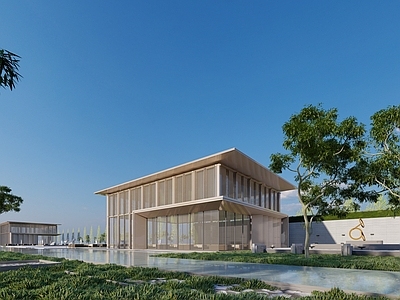 新中式售楼处建筑 书吧 水吧 茶室 展示中心 方形