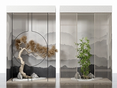 新中式园艺小品 松树 石头 景墙 造景树