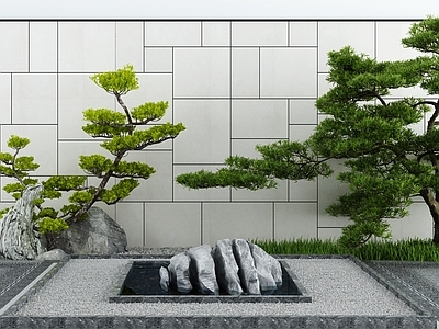 新中式假山水景 景墙 造景树