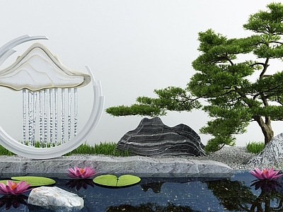 新中式假山水景 池 石头雕塑 荷花 造景树
