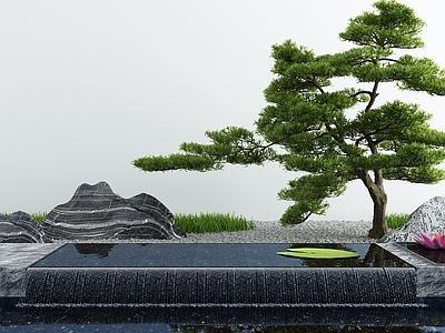 新中式假山水景 喷泉 园林 池 景墙 荷花 造景树