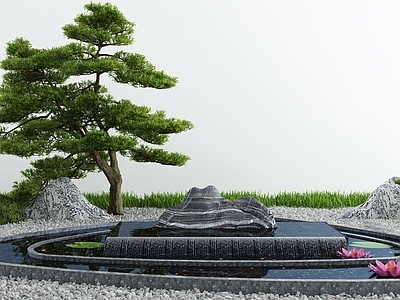 新中式假山水景 池 景墙 荷花 造景树