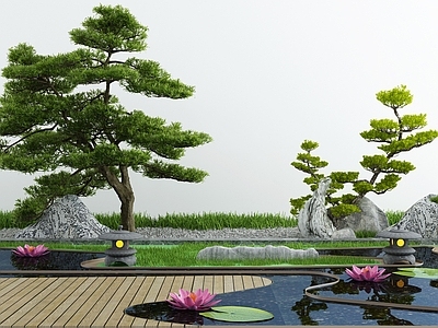 新中式庭院假山水景 池 景墙 荷花 造景树