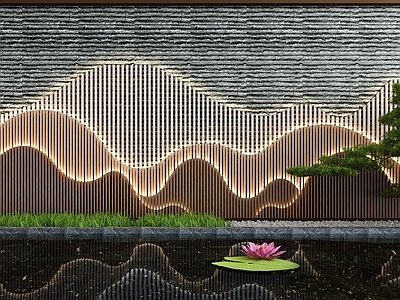 新中式庭院假山水景 禅意 园艺小品 池 景墙 荷花 造景树
