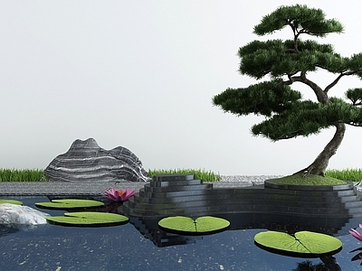 新中式假山水景 池 景墙 荷花 造景树