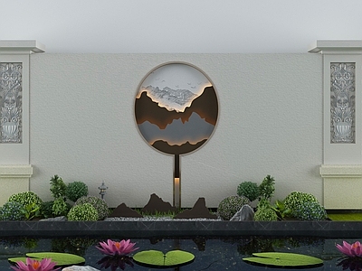 新中式假山水景 池 景墙 荷花 造景树