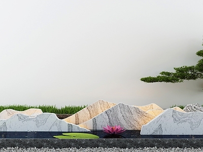 新中式假山水景 池 景墙 荷花 造景树