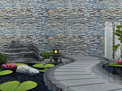 新中式假山水景 小品 园林 池 景墙 荷花 造景树