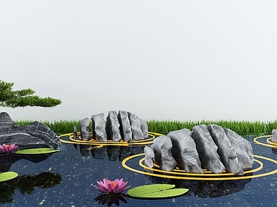 新中式庭院水景小品 池 景墙 荷花 造景树