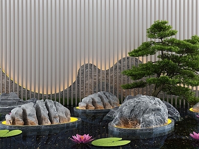 新中式假山水景 池 景墙 荷花 造景树