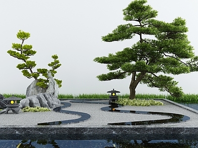 新中式庭假山水景 池 景墙 荷花 造景树