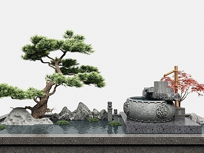 新中式景观小品 假山水景 流水景观 池 造景树 水琴