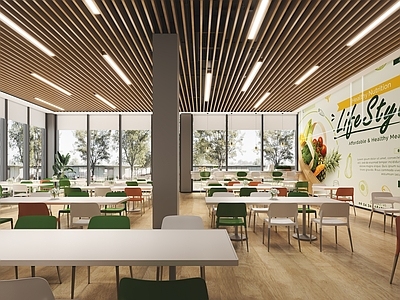 现代员工食堂 餐桌椅 木格栅吊顶
