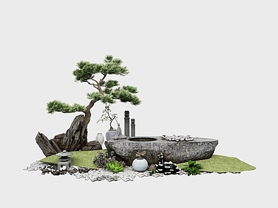 新中式庭院假山水景 石头雕塑 造景树