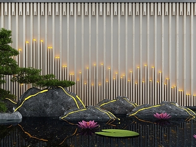 新中式水景小品 池 景墙 荷花 造景树