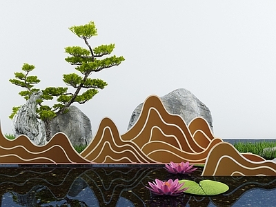 新中式假山水景 池 荷花 造景树
