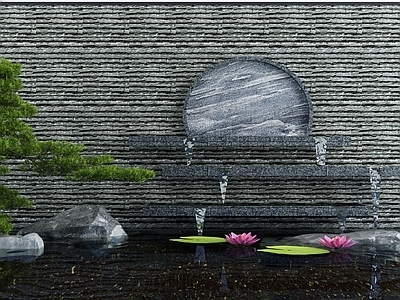 新中式庭院水景 流水景观墙 池 景墙 荷花 造景树