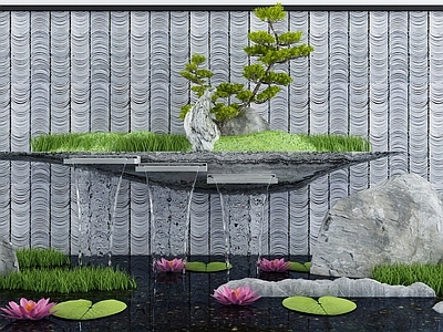 新中式水景小品 池 景墙 荷花 造景树