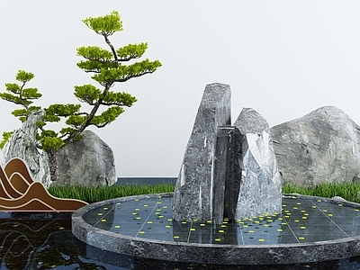 新中式假山水景 池 荷花 造景树
