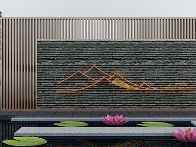 新中式假山水景 池 景墙 荷花 造景树
