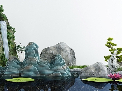 新中式水景小品 池 石头雕塑 荷花 造景树