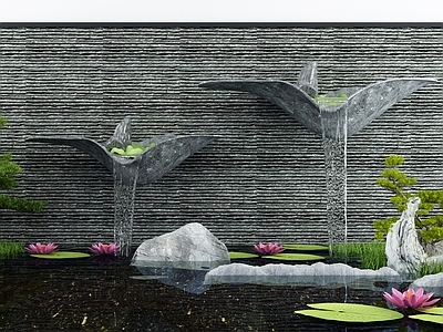 新中式流水景观小品 池 景墙 荷花 造景树