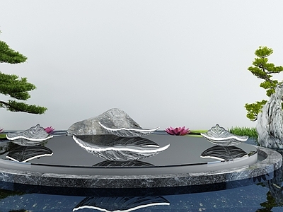 新中式庭院水景小品 池 荷花 造景树